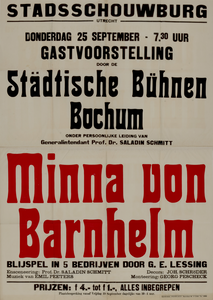 799093 Affiche van de gastvoorstelling door de Städtische Bühnen Bochum in de Stadsschouwburg (Lucasbolwerk) te Utrecht ...